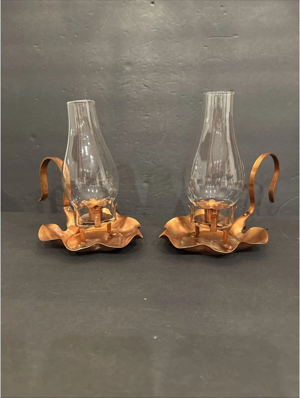 Pair Of VintageCopper Hurricane Candle Holders W Glass Chimney 9.25” H X 10” W